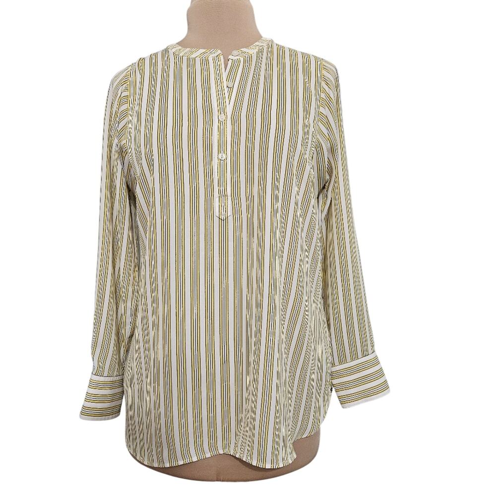Talbots Yellow White Black Striped Blouse Small Long Sleeve Button‎ Front